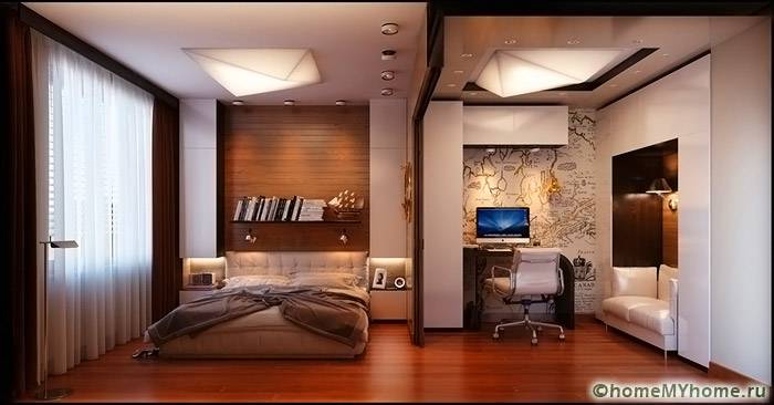 Спальное место и рабочее пространство можно разделить при помощи фигурных конструкций