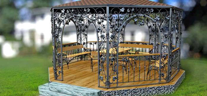 Для создания единого ансамбля ковку можно использовать в ограде, скамьях и оформлении клумб