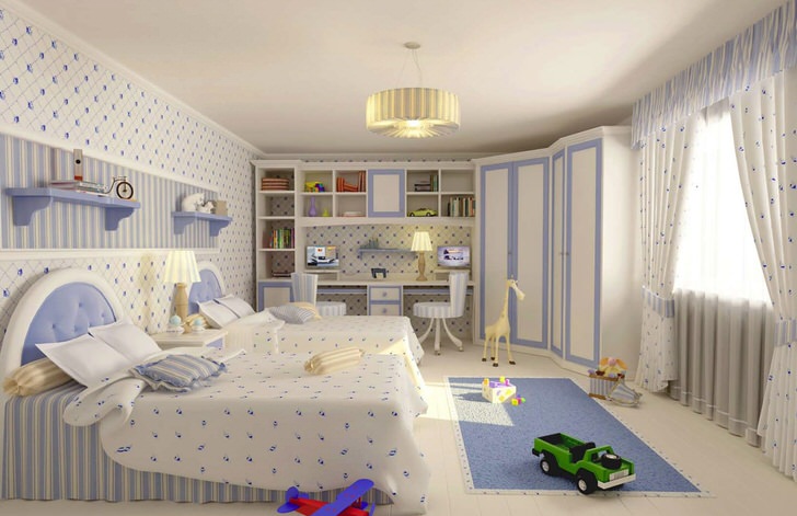 Нейтральные тона, к примеру, нежно-голубой и белый цвета, идеально подойдут для оформления детской комнаты, где будут жить брат и сестра. 