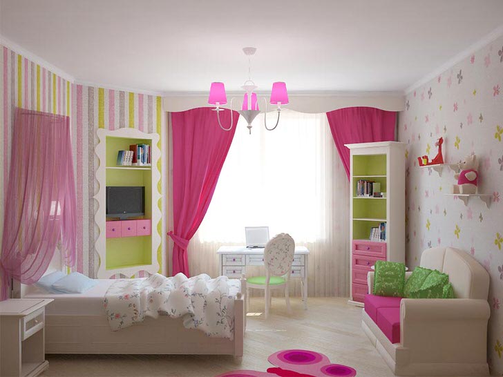 Комната юной принцессы оформлена в классических девчачьих цветах. Акценты ярко-розового делают интерьер ярким и красочным. 