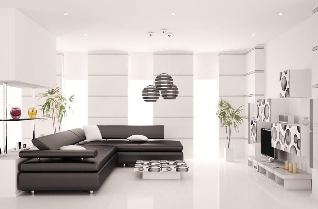 Современный черно-белый дизайн гостиной