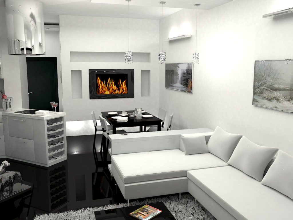 Современный минималистичный дизайн гостиной и столовой