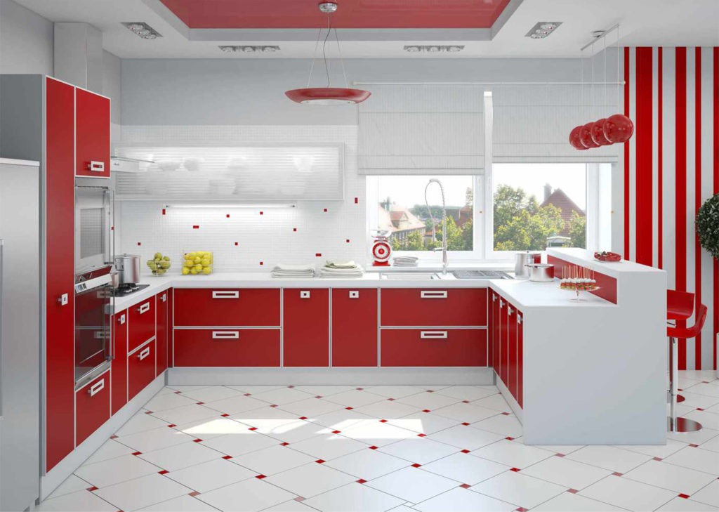 Красно-белый матовый натяжной потолок на кухне