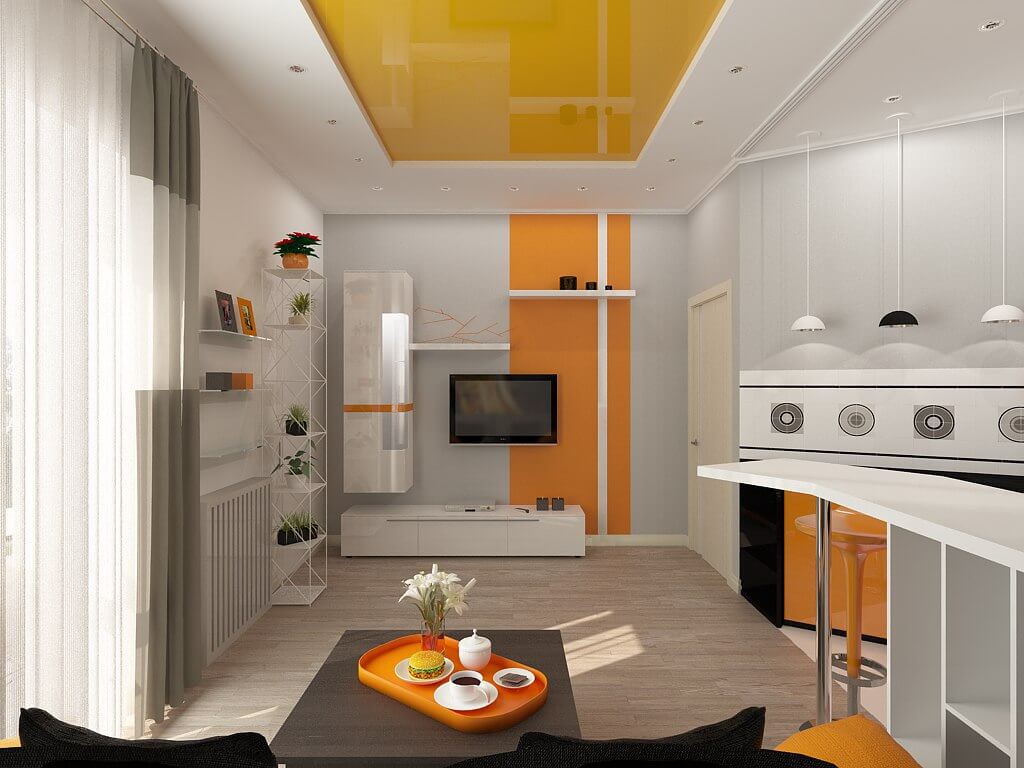 Оранжево-белый натяжной потолок на кухне