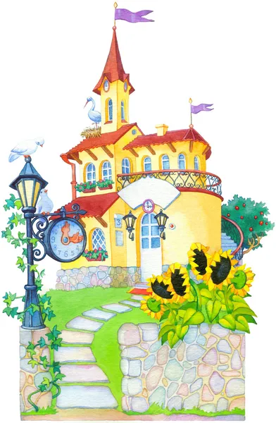 Акварельный рисунок. сказочный замок особняк — стоковое фото