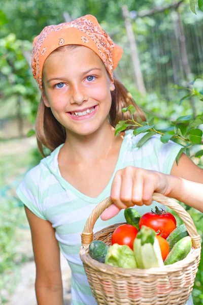 Огород - портрет садовник девочка с корзинкой органических цуккини и помидоры — стоковое фото