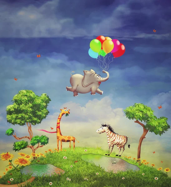 Группа счастливый мультфильм животных в саду — стоковое фото
