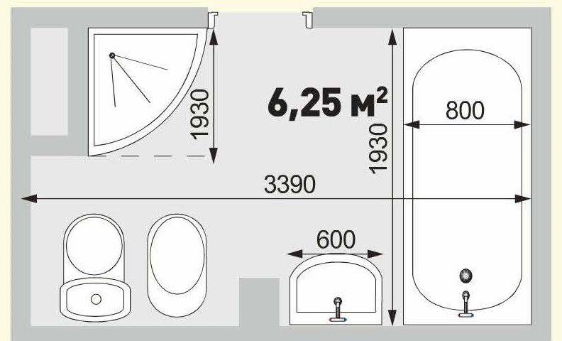 Проект ванной комнаты площадью 6,25 кв.м