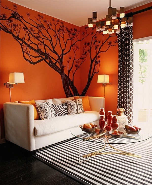Ярко-персиковый цвет стен в интерьере